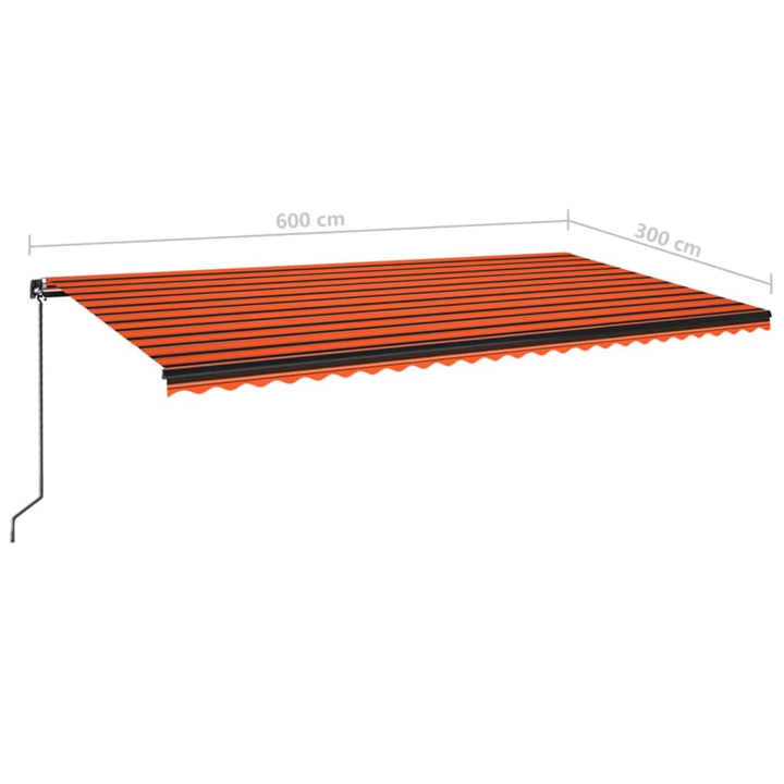 markise m. LED-lys 600x300 cm manuel betjening orange og brun
