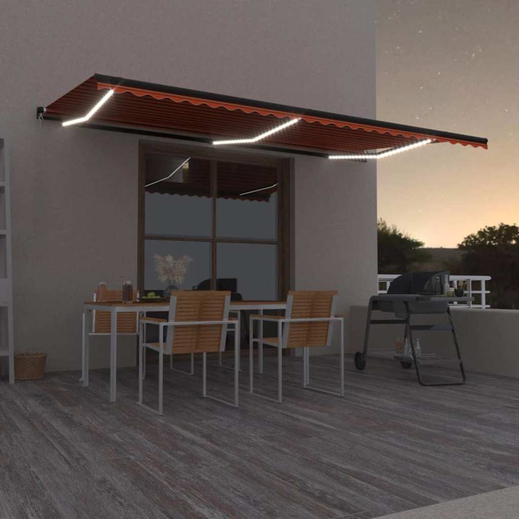 markise m. LED-lys 600x300 cm manuel betjening orange og brun