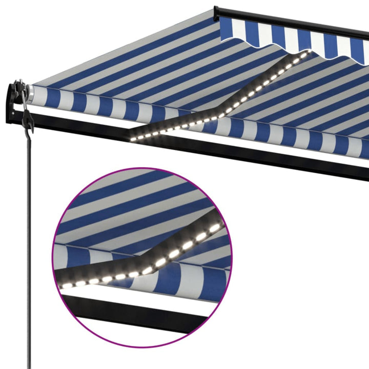 markise m. LED + vindsensor 600x350 cm automatisk blå og hvid