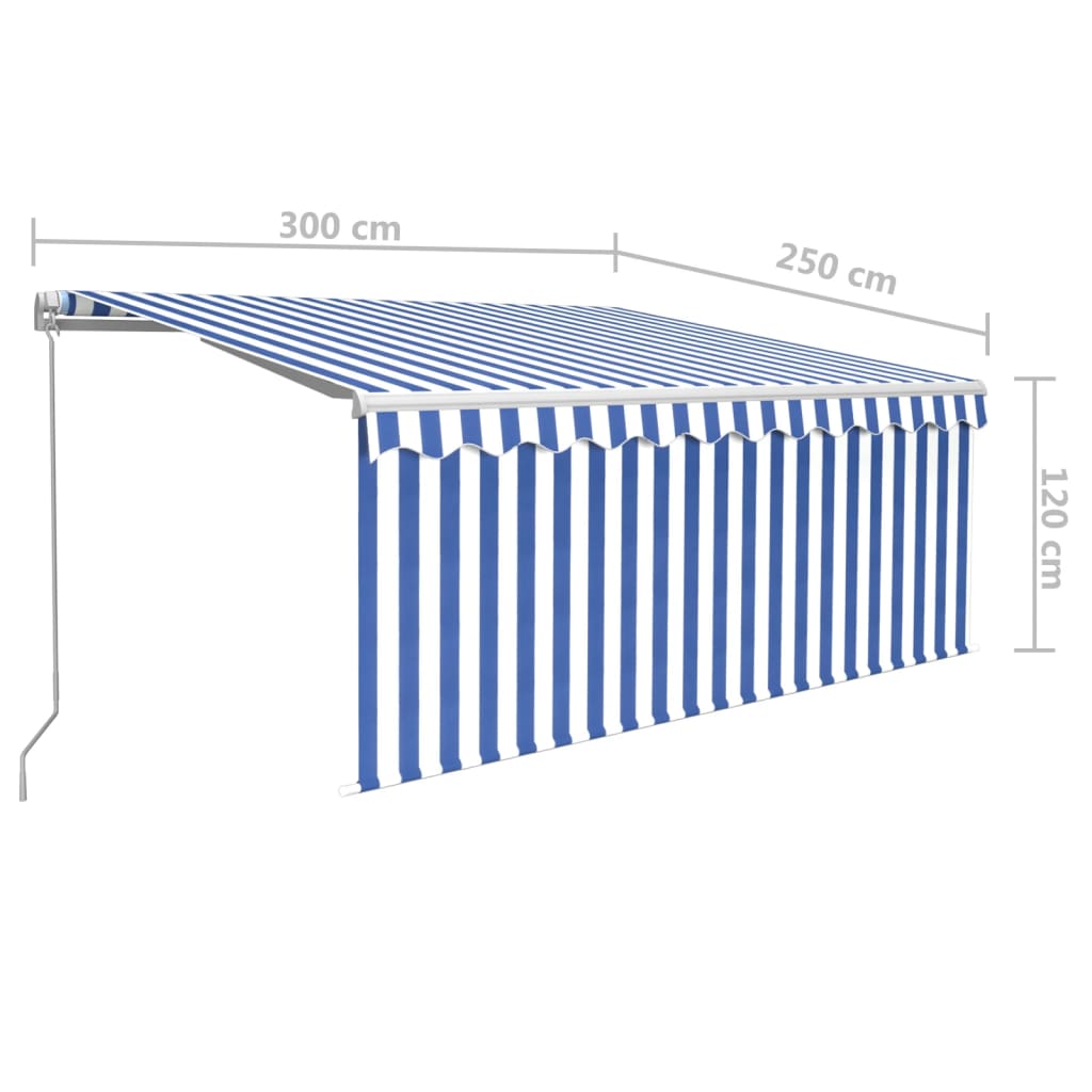 markise m. gardin + LED 3x2,5 m manuel betjening blå og hvid
