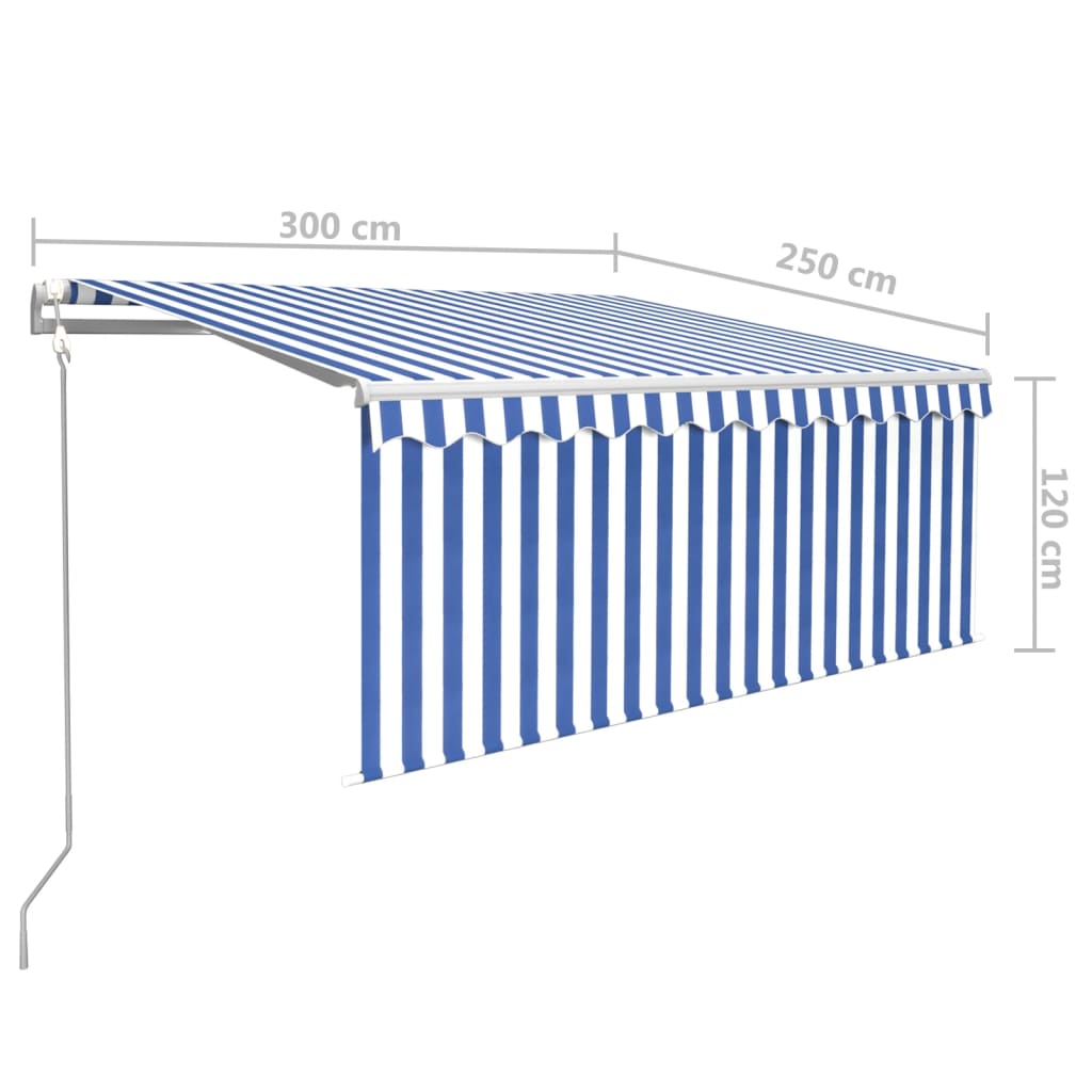 markise m. gardin+LED+vindsensor 3x2,5 m automatisk blå og hvid