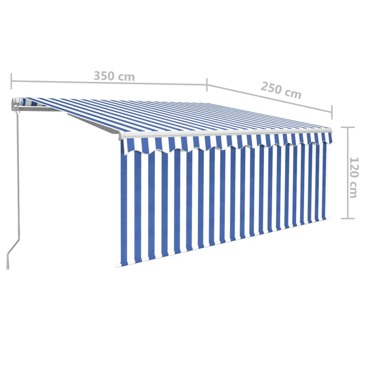 markise m. gardin + LED 3,5x2,5 m manuel betjening blå og hvid