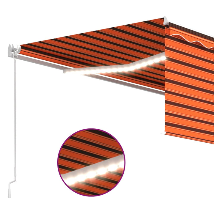 markise m. gardin + LED 4x3 m manuel betjening orange og brun