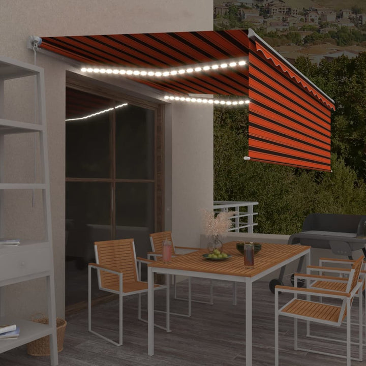 markise m. gardin + LED 4x3 m manuel betjening orange og brun