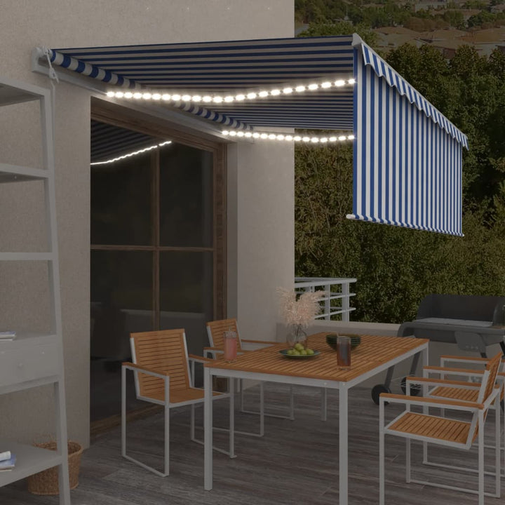 markise m. gardin+LED+vindsensor 4x3 m automatisk blå og hvid
