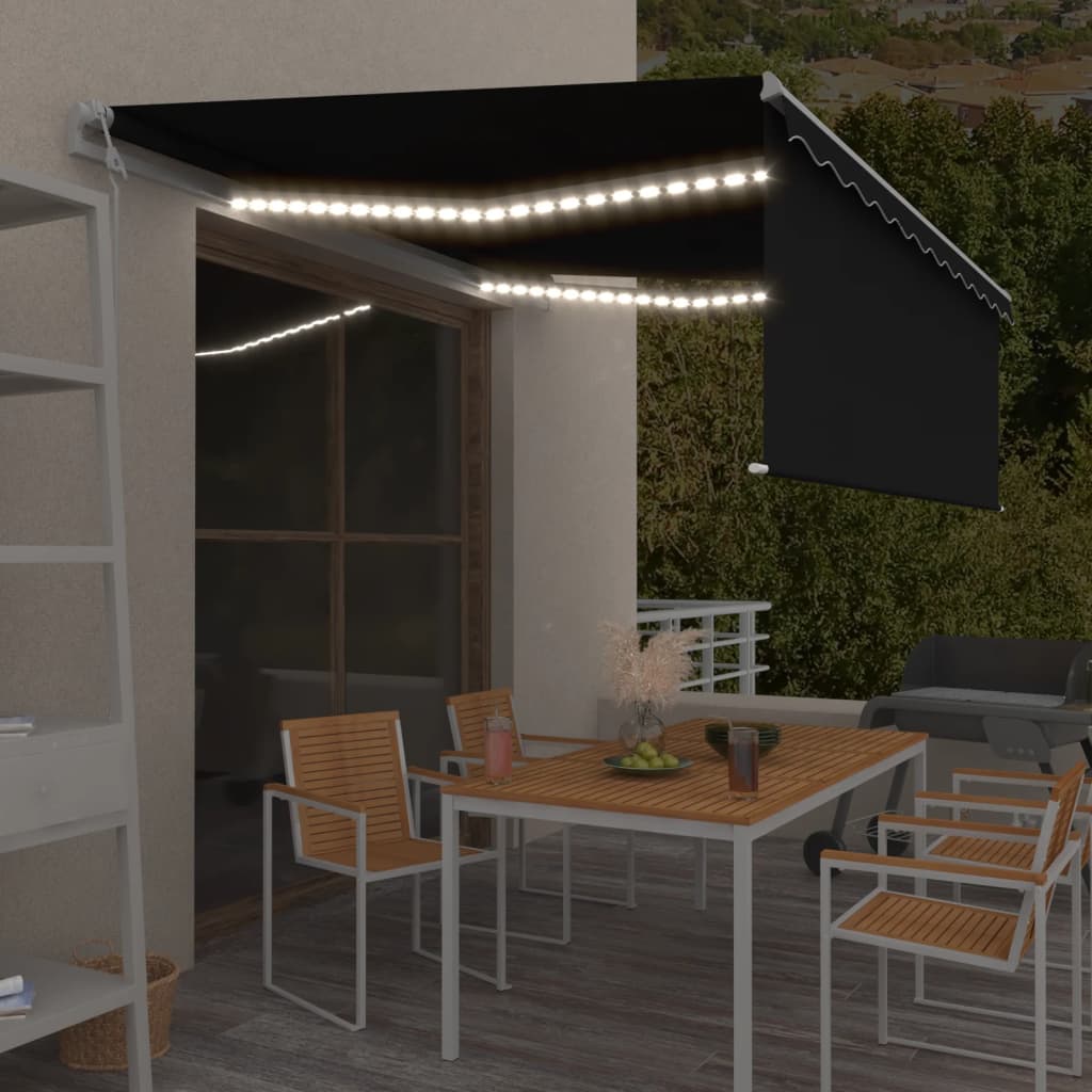 markise m. gardin+LED+vindsensor 4x3 m automatisk antracitgrå