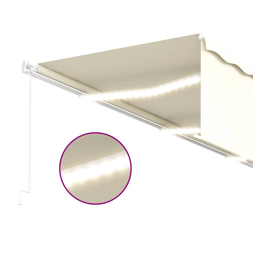 markise m. gardin + LED 6x3 m manuel betjening cremefarvet