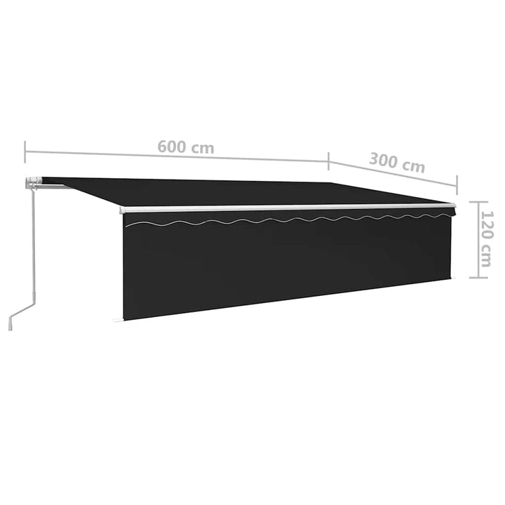 markise m. gardin + LED 6x3 m manuel betjening antracitgrå