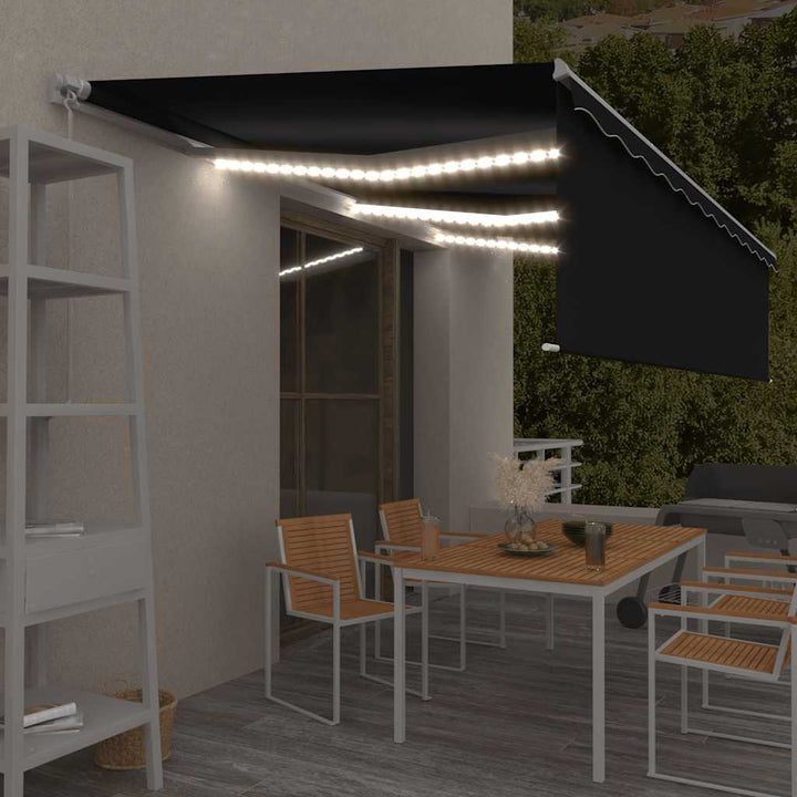 markise m. gardin + LED 6x3 m manuel betjening antracitgrå