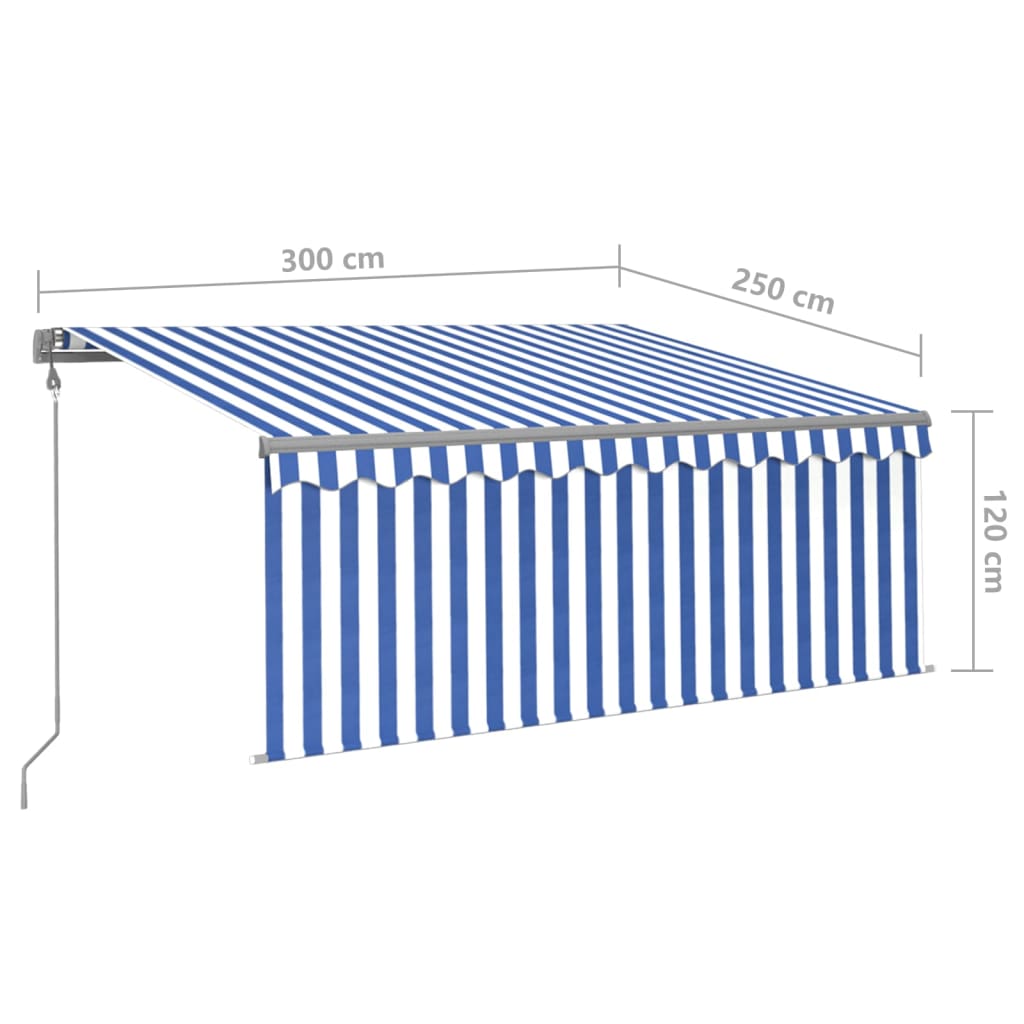 markise m. gardin+LED+vindsensor 3x2,5 m automatisk blå og hvid