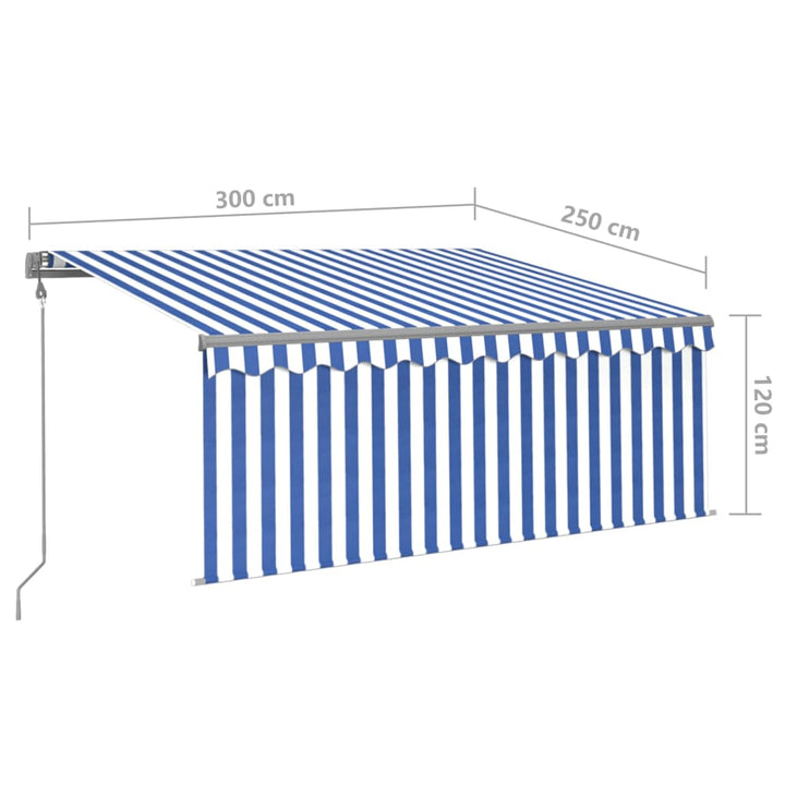 markise m. gardin+LED+vindsensor 3x2,5 m automatisk blå og hvid