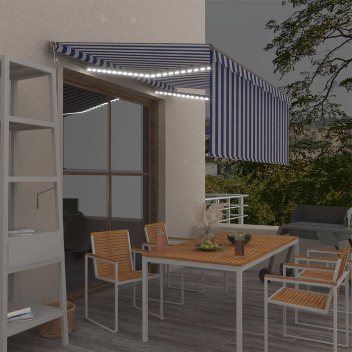markise m. gardin+LED+vindsensor 3x2,5 m automatisk blå og hvid