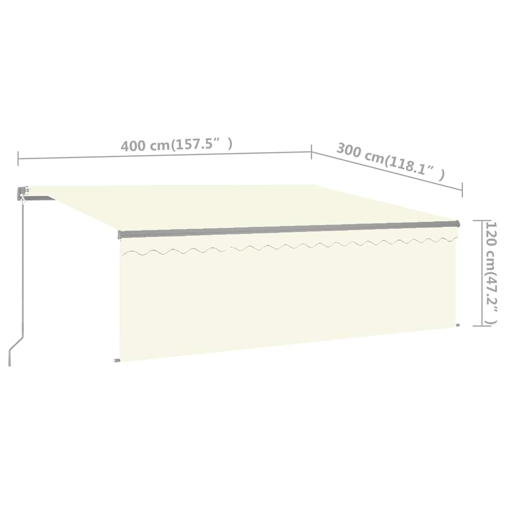 markise m. gardin + LED 4x3 m manuel betjening cremefarvet