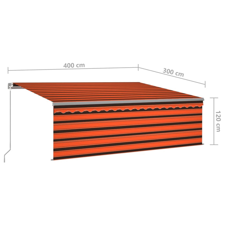 markise m. gardin + LED 4x3 m manuel betjening orange og brun