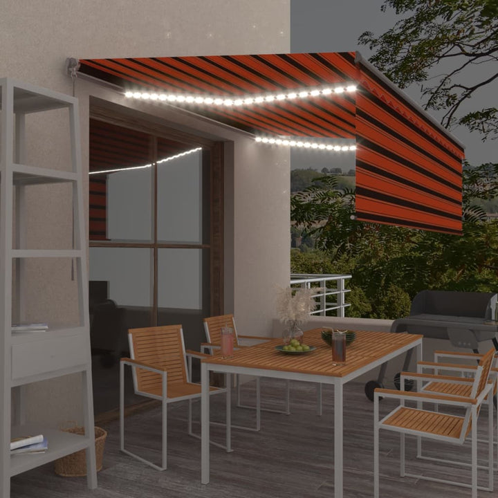 markise m. gardin + LED 4x3 m manuel betjening orange og brun