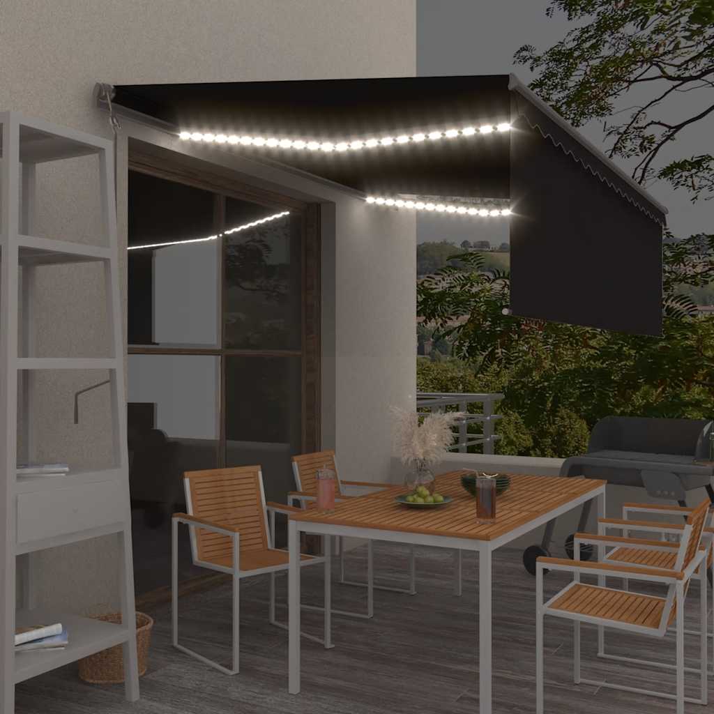 markise m. gardin+LED+vindsensor 4,5x3 m automatisk antracitgrå