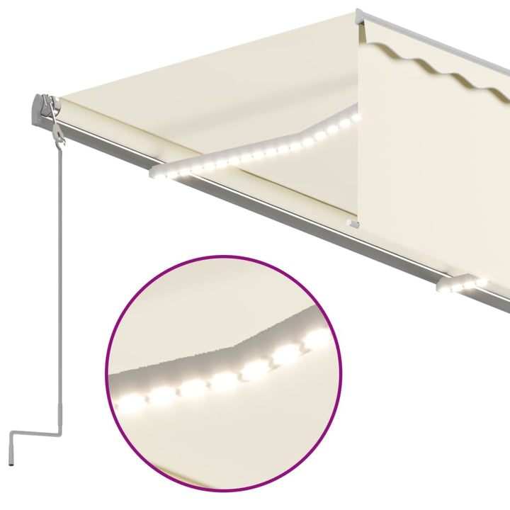 markise m. gardin + LED 5x3 m manuel betjening cremefarvet