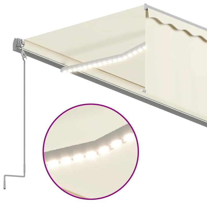 markise m. gardin + LED 6x3 m manuel betjening cremefarvet