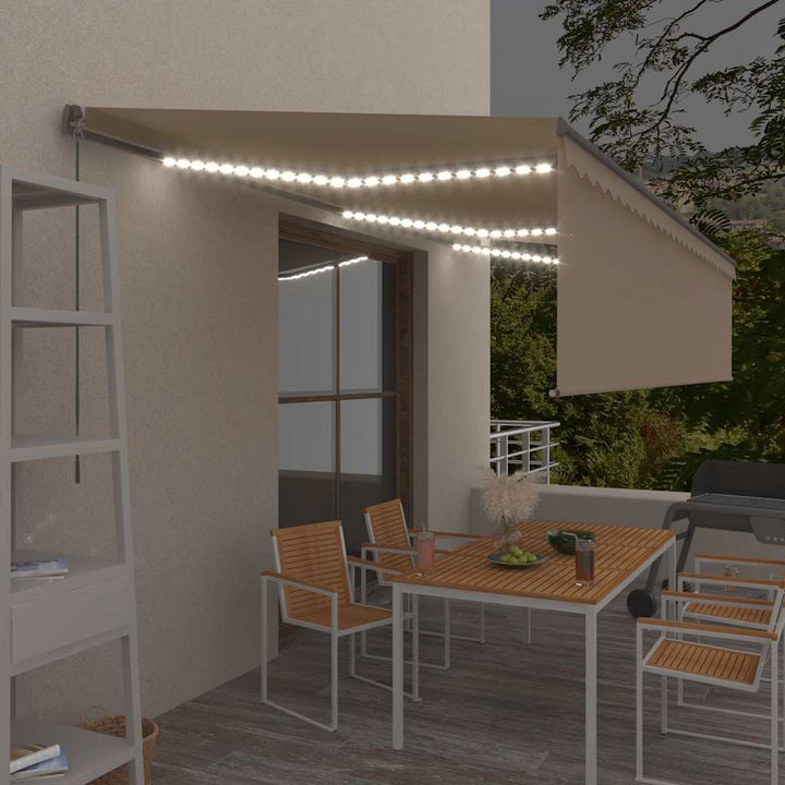 markise m. gardin + LED 6x3 m manuel betjening cremefarvet