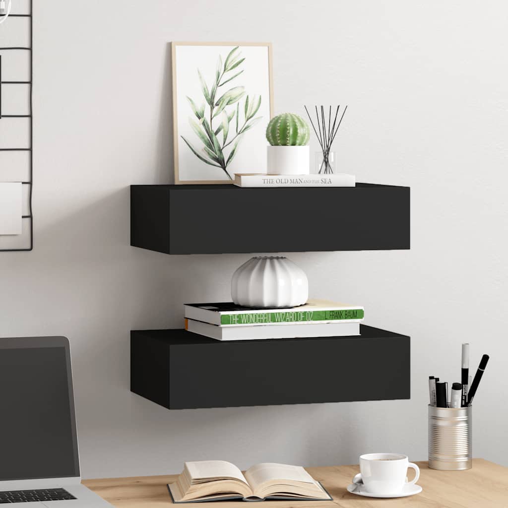 væghylder med skuffer 2 stk. 40x23,5x10 cm MDF sort