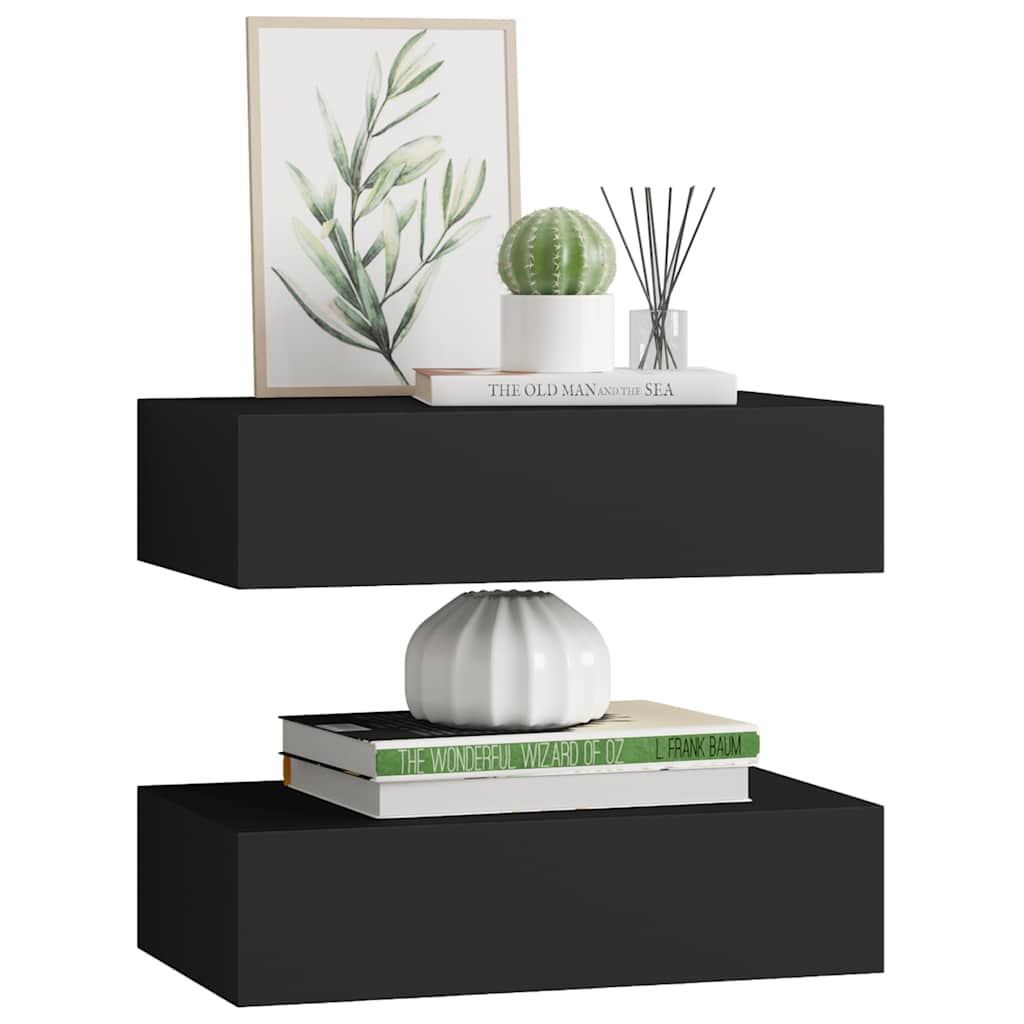 væghylder med skuffer 2 stk. 40x23,5x10 cm MDF sort