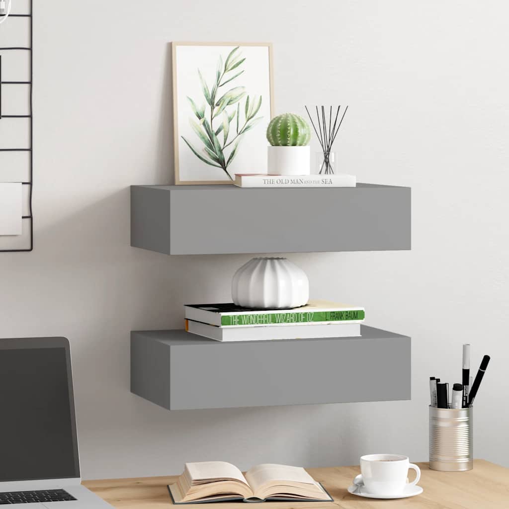 væghylder med skuffer 2 stk. 40x23,5x10 cm MDF grå