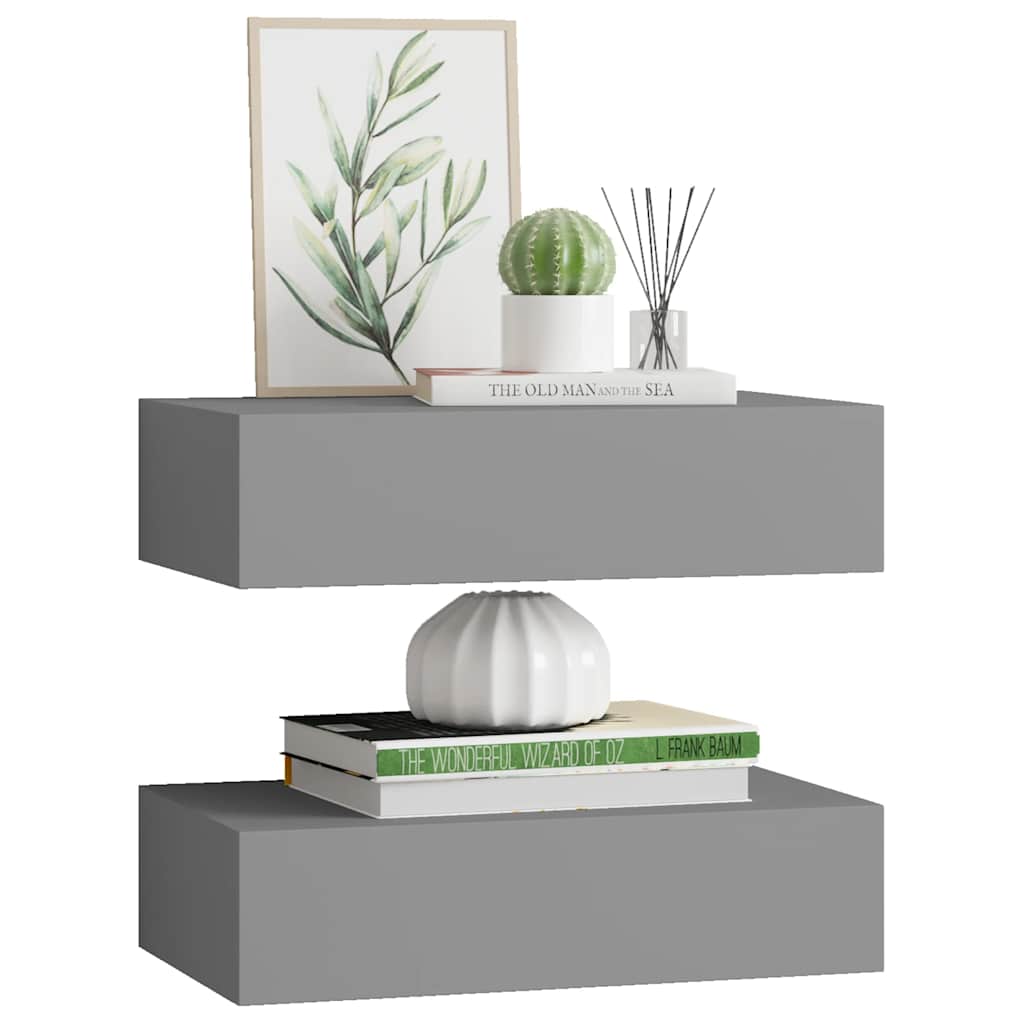 væghylder med skuffer 2 stk. 40x23,5x10 cm MDF grå