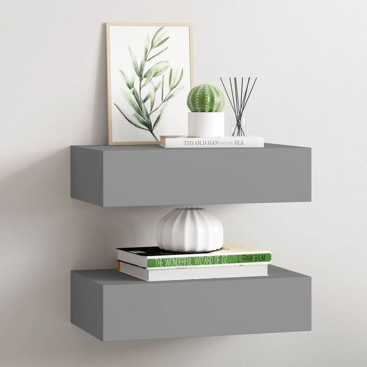 væghylder med skuffer 2 stk. 40x23,5x10 cm MDF grå