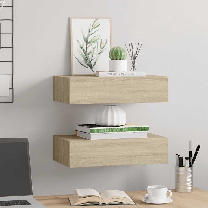 væghylder med skuffer 2 stk. 40x23,5x10 cm MDF egetræsfarvet