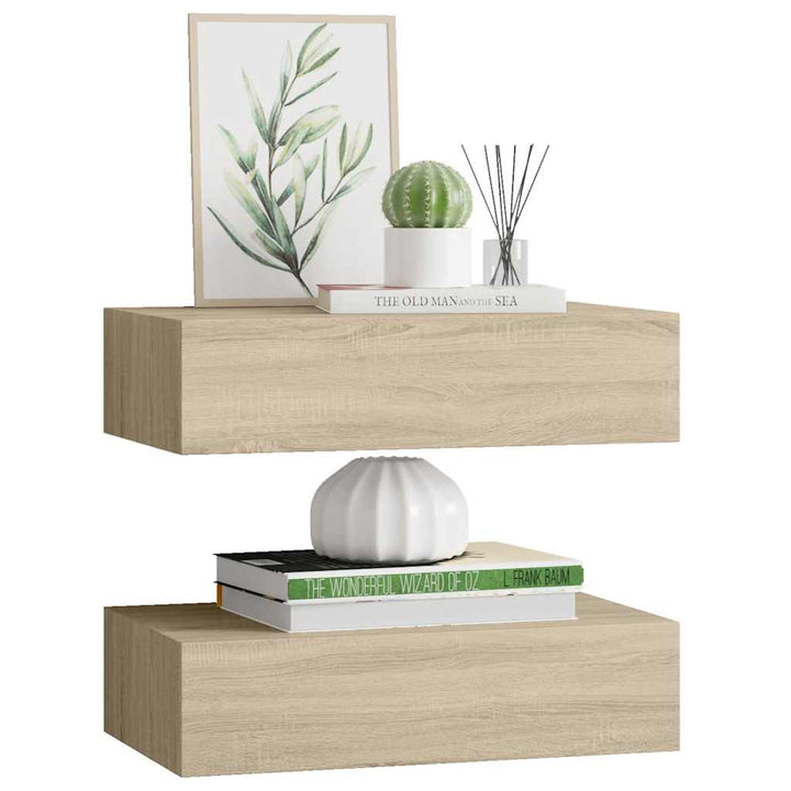 væghylder med skuffer 2 stk. 40x23,5x10 cm MDF egetræsfarvet