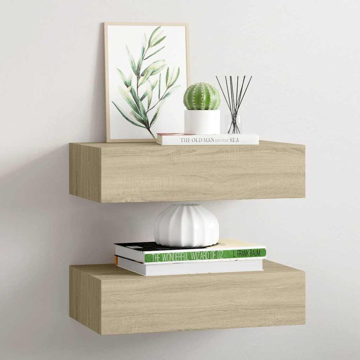 væghylder med skuffer 2 stk. 40x23,5x10 cm MDF egetræsfarvet