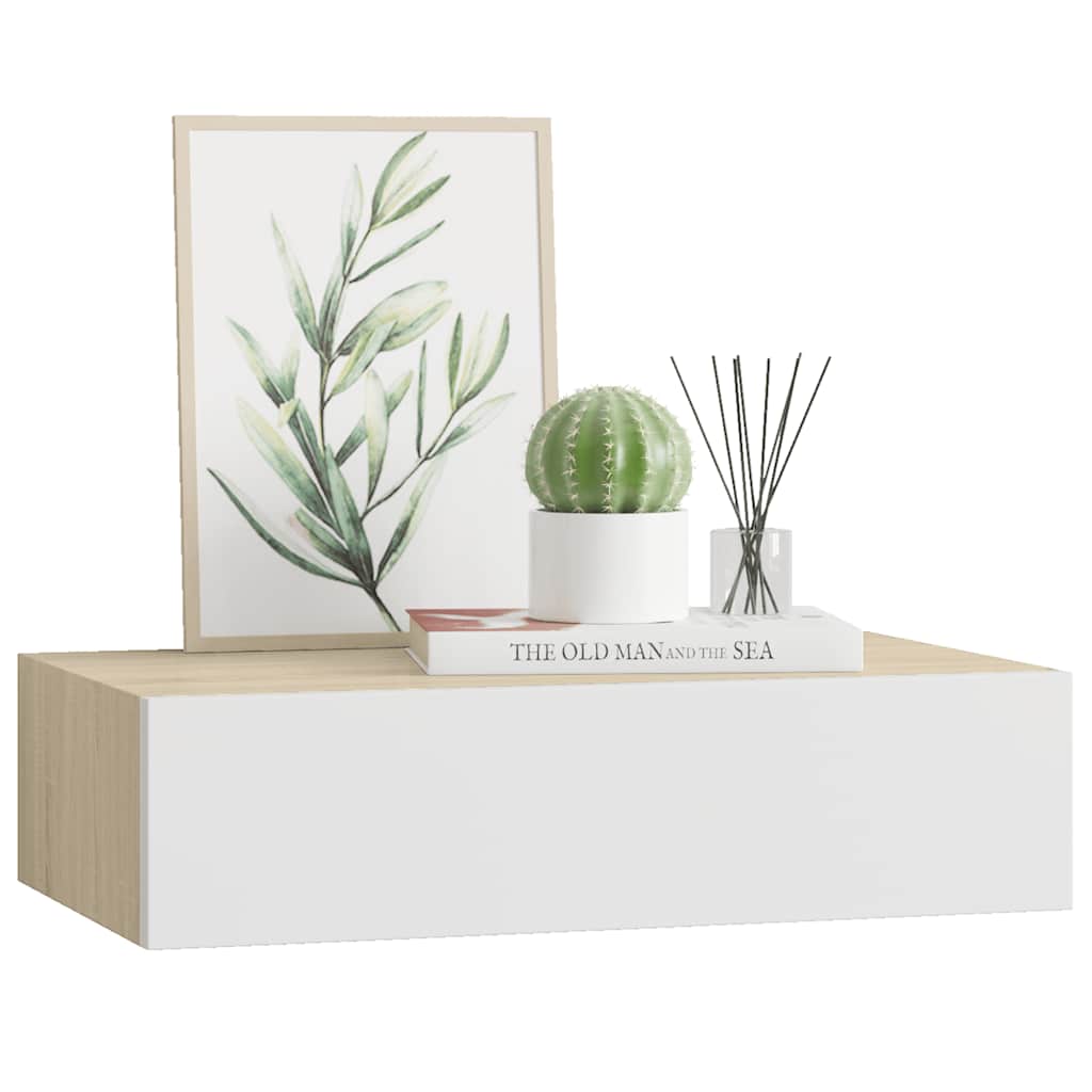 vægmonteret skuffehylde eg og hvid 40x23,5x10 cm MDF