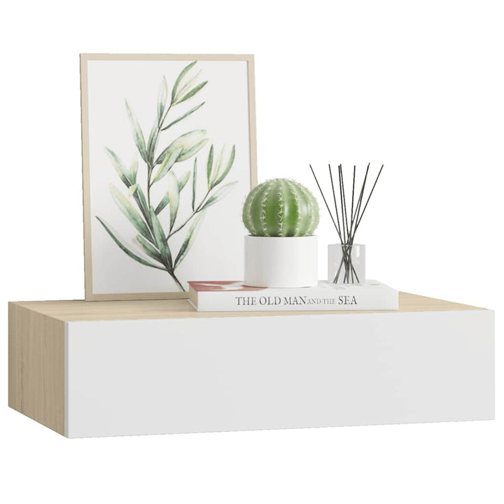 vægmonteret skuffehylde eg og hvid 40x23,5x10 cm MDF
