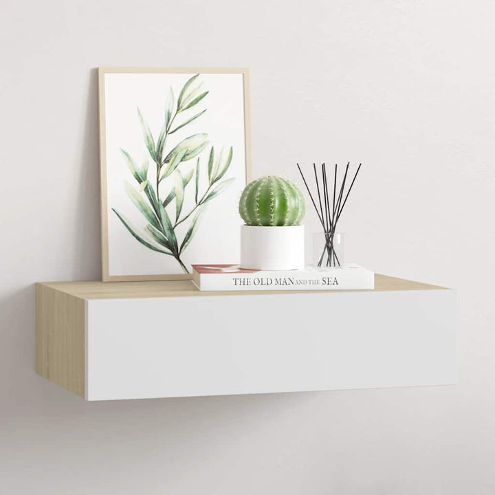 vægmonteret skuffehylde eg og hvid 40x23,5x10 cm MDF