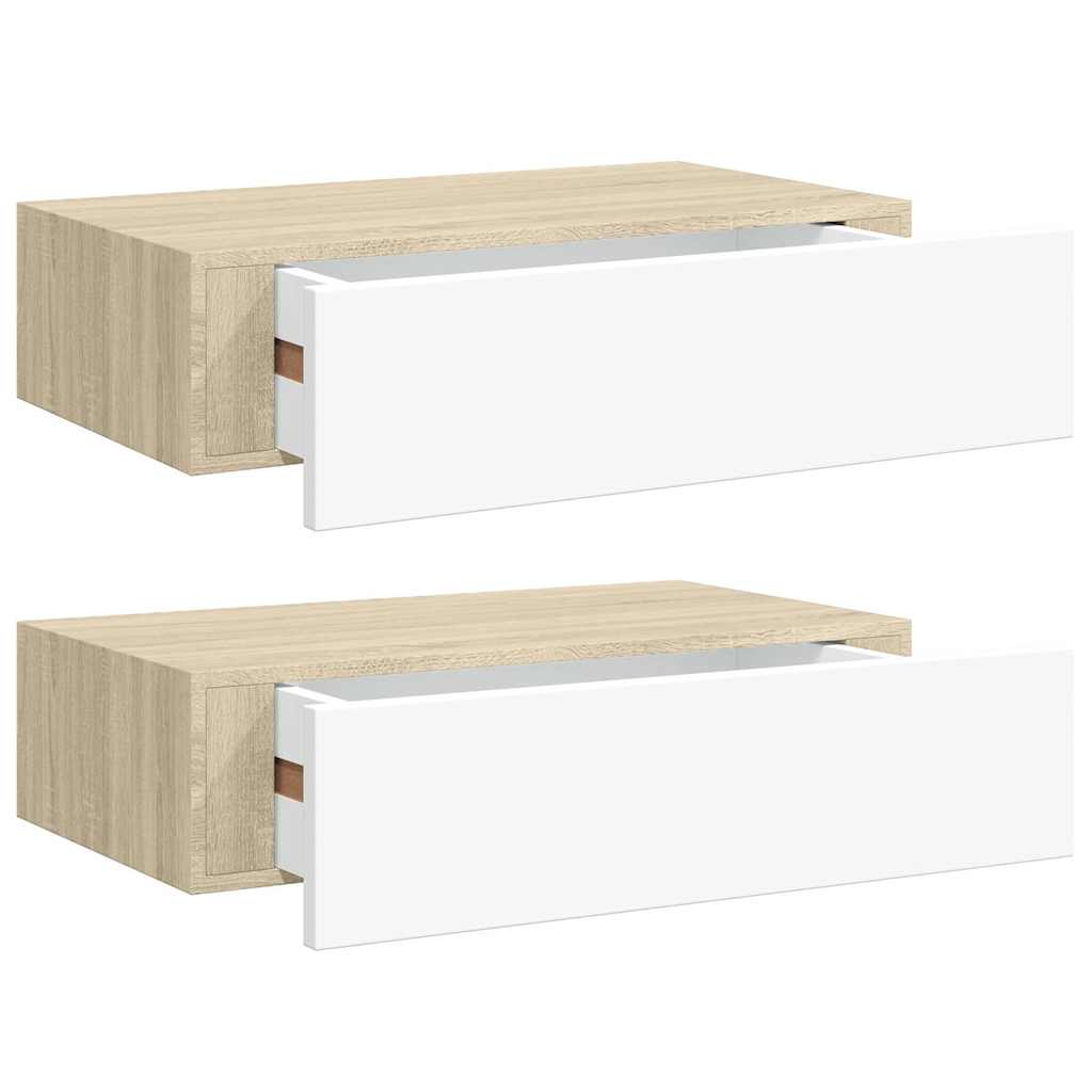 hylder med skuffe 2 stk. 40x23,5x10 cm MDF egetræsfarve og hvid
