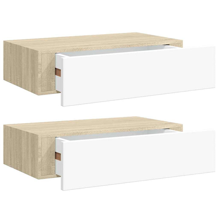 hylder med skuffe 2 stk. 40x23,5x10 cm MDF egetræsfarve og hvid