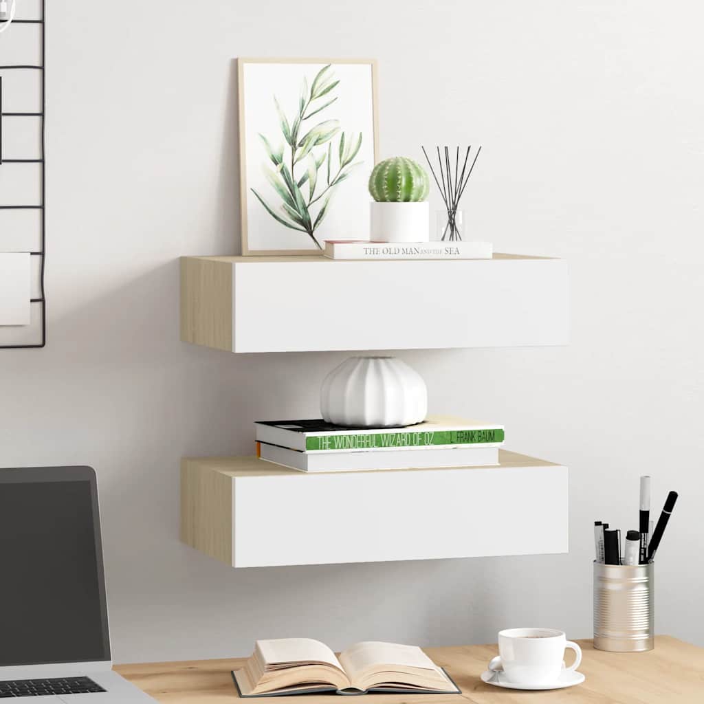 hylder med skuffe 2 stk. 40x23,5x10 cm MDF egetræsfarve og hvid