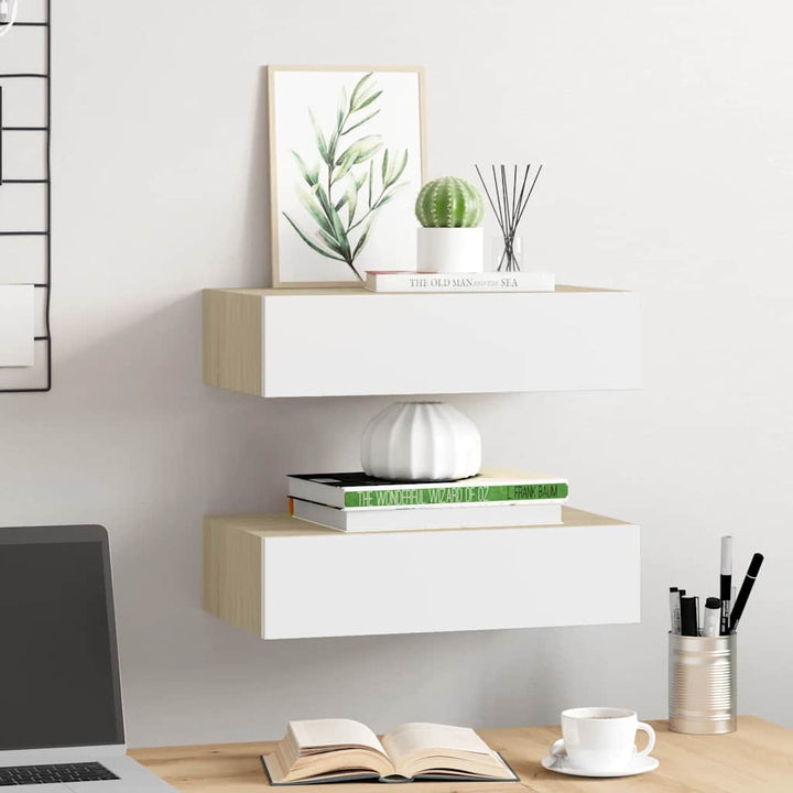 hylder med skuffe 2 stk. 40x23,5x10 cm MDF egetræsfarve og hvid