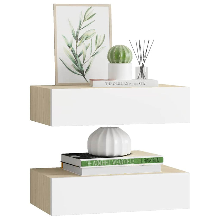 hylder med skuffe 2 stk. 40x23,5x10 cm MDF egetræsfarve og hvid