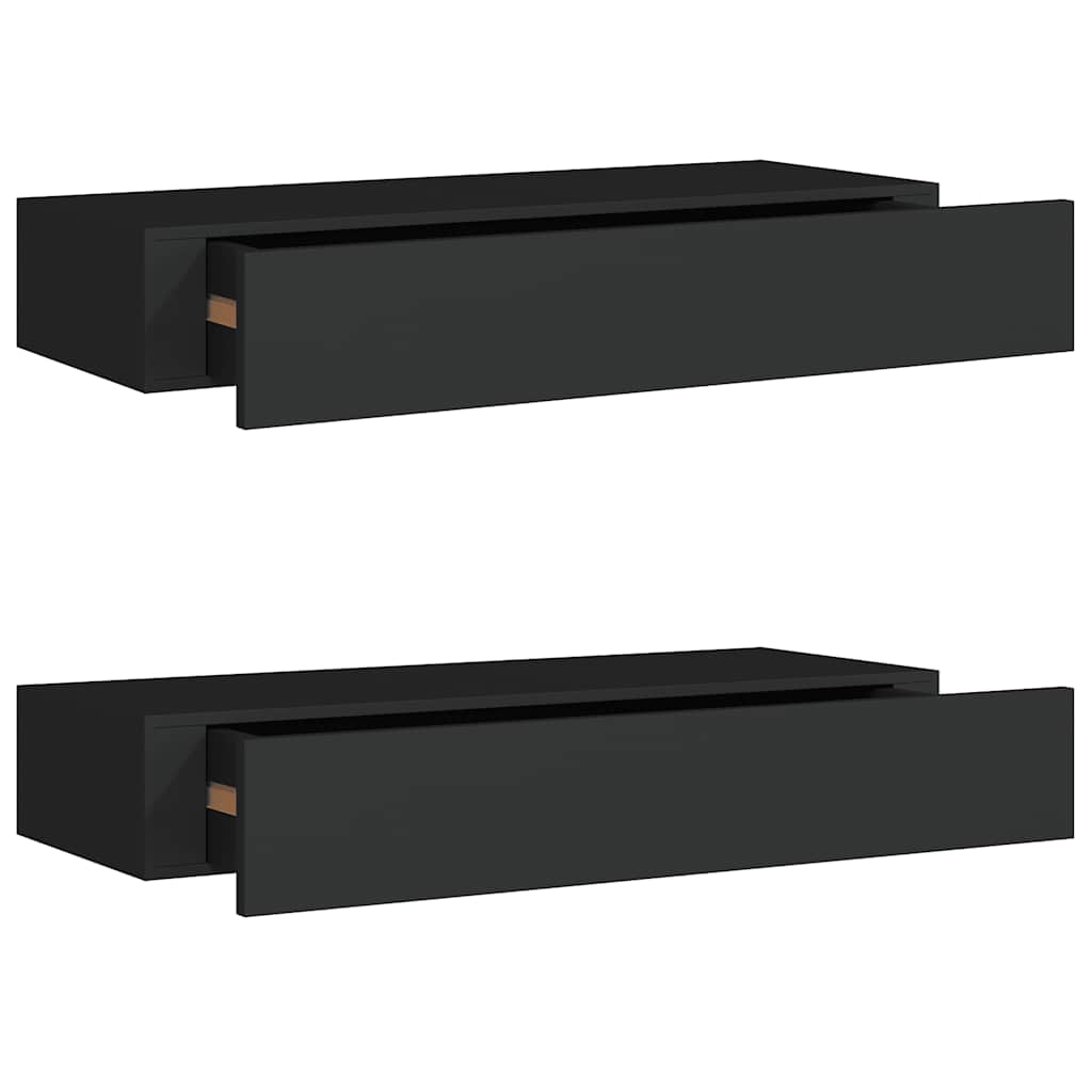væghylder med skuffer 2 stk. 60x23,5x10 cm MDF sort