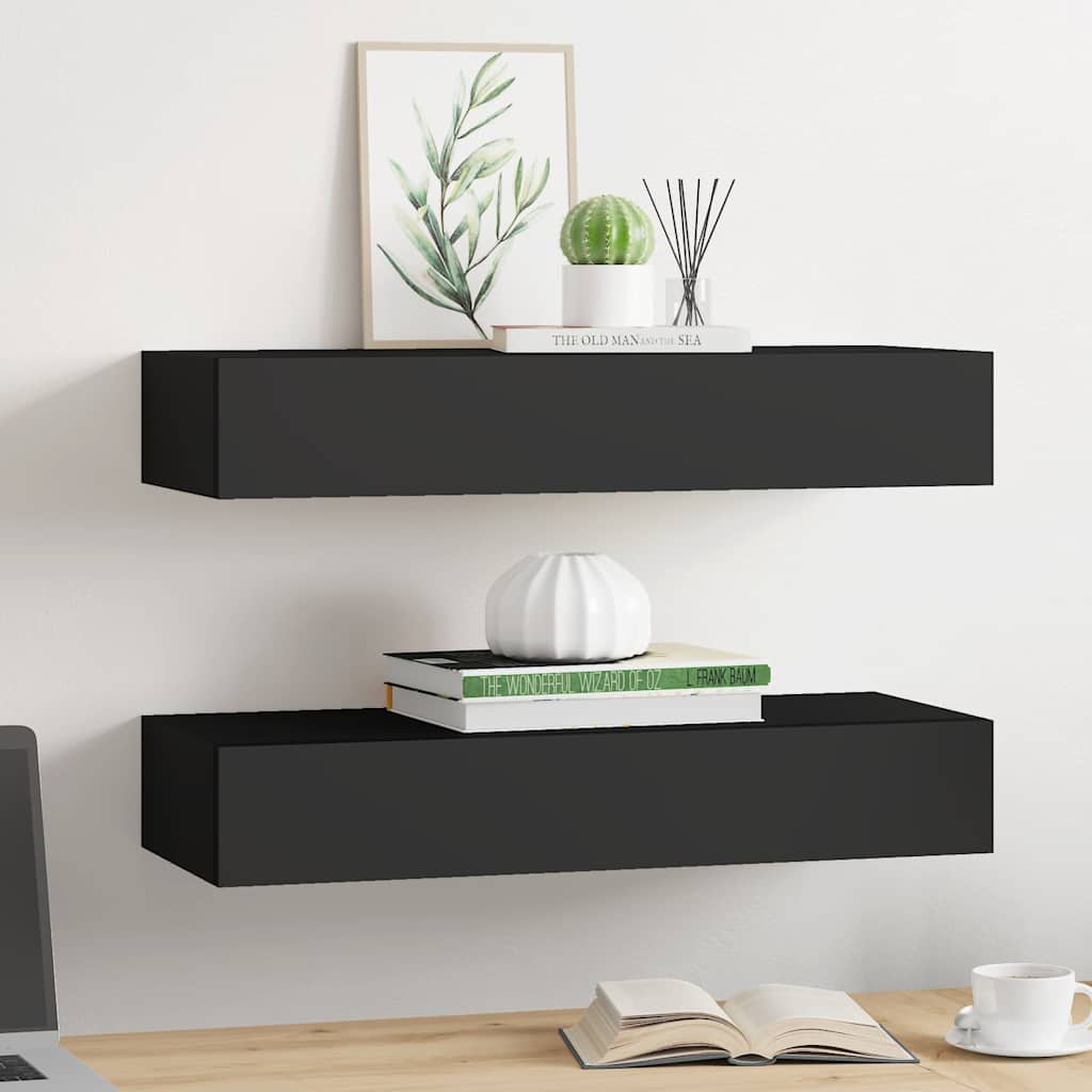 væghylder med skuffer 2 stk. 60x23,5x10 cm MDF sort