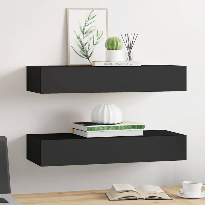 væghylder med skuffer 2 stk. 60x23,5x10 cm MDF sort