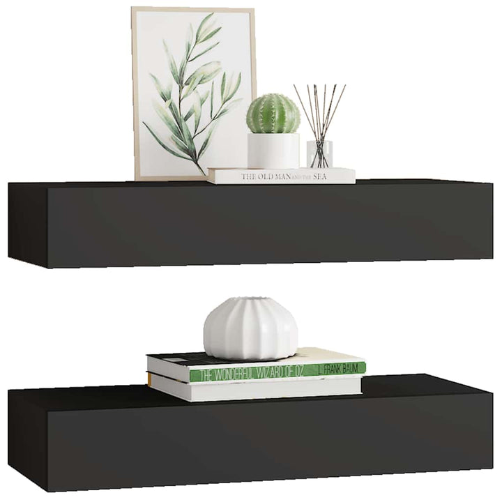 væghylder med skuffer 2 stk. 60x23,5x10 cm MDF sort