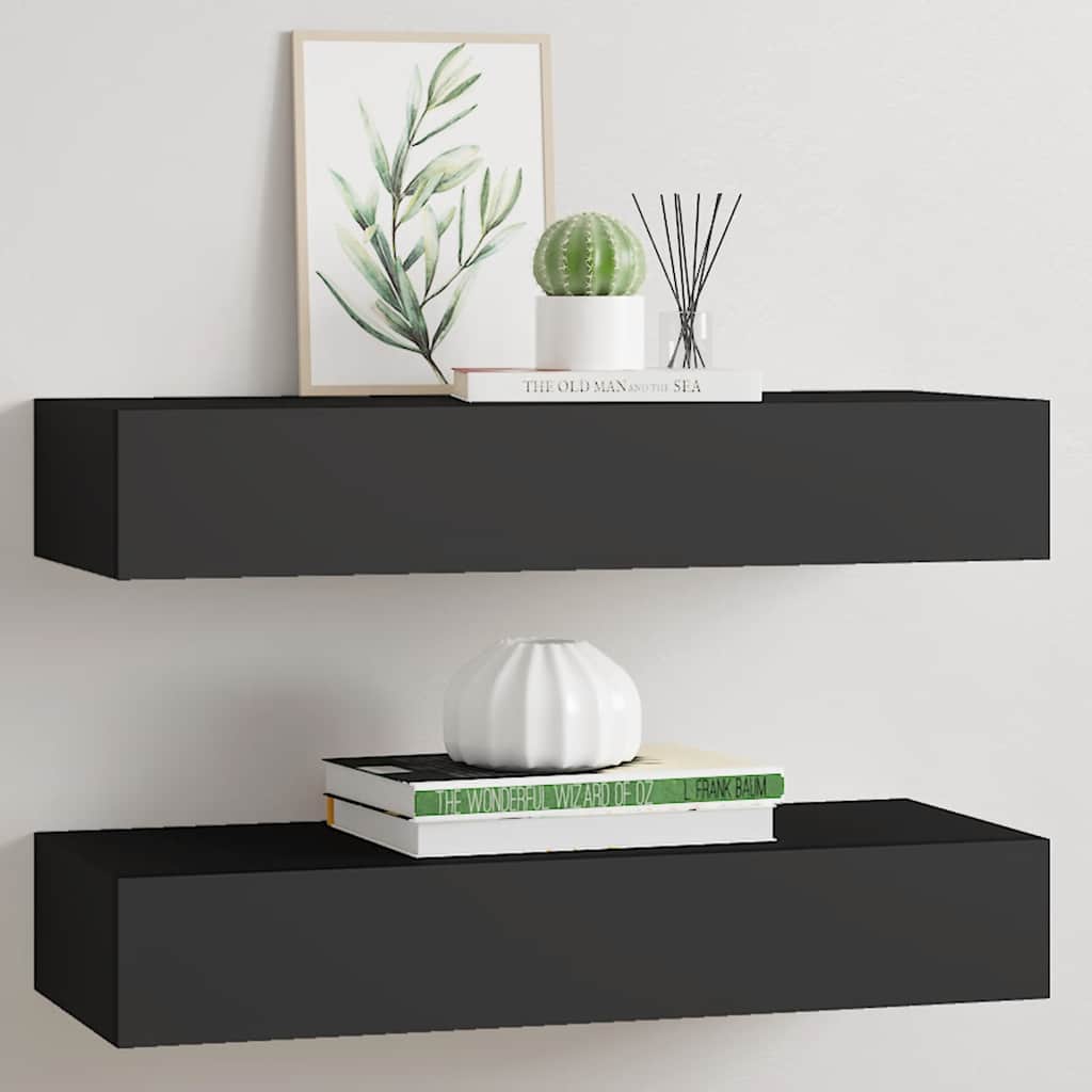 væghylder med skuffer 2 stk. 60x23,5x10 cm MDF sort