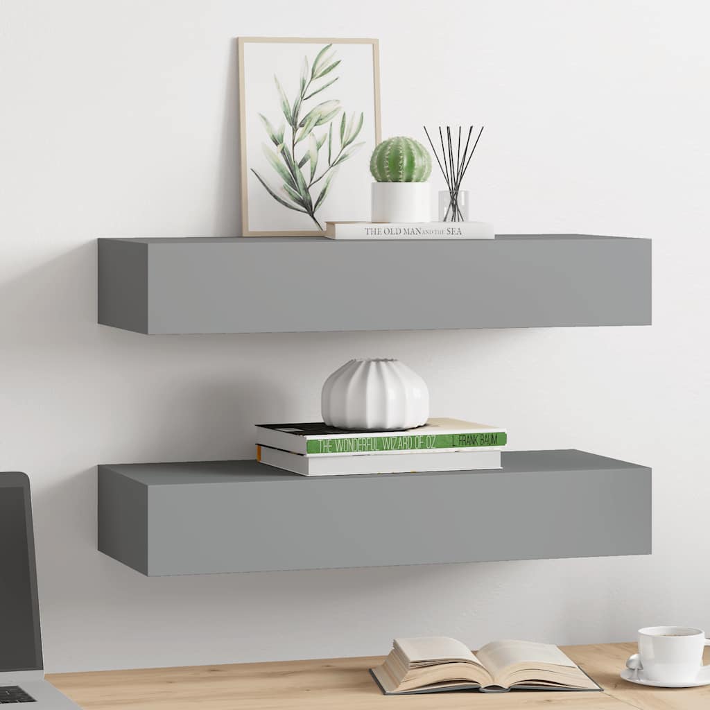 væghylder med skuffer 2 stk. 60x23,5x10 cm MDF grå