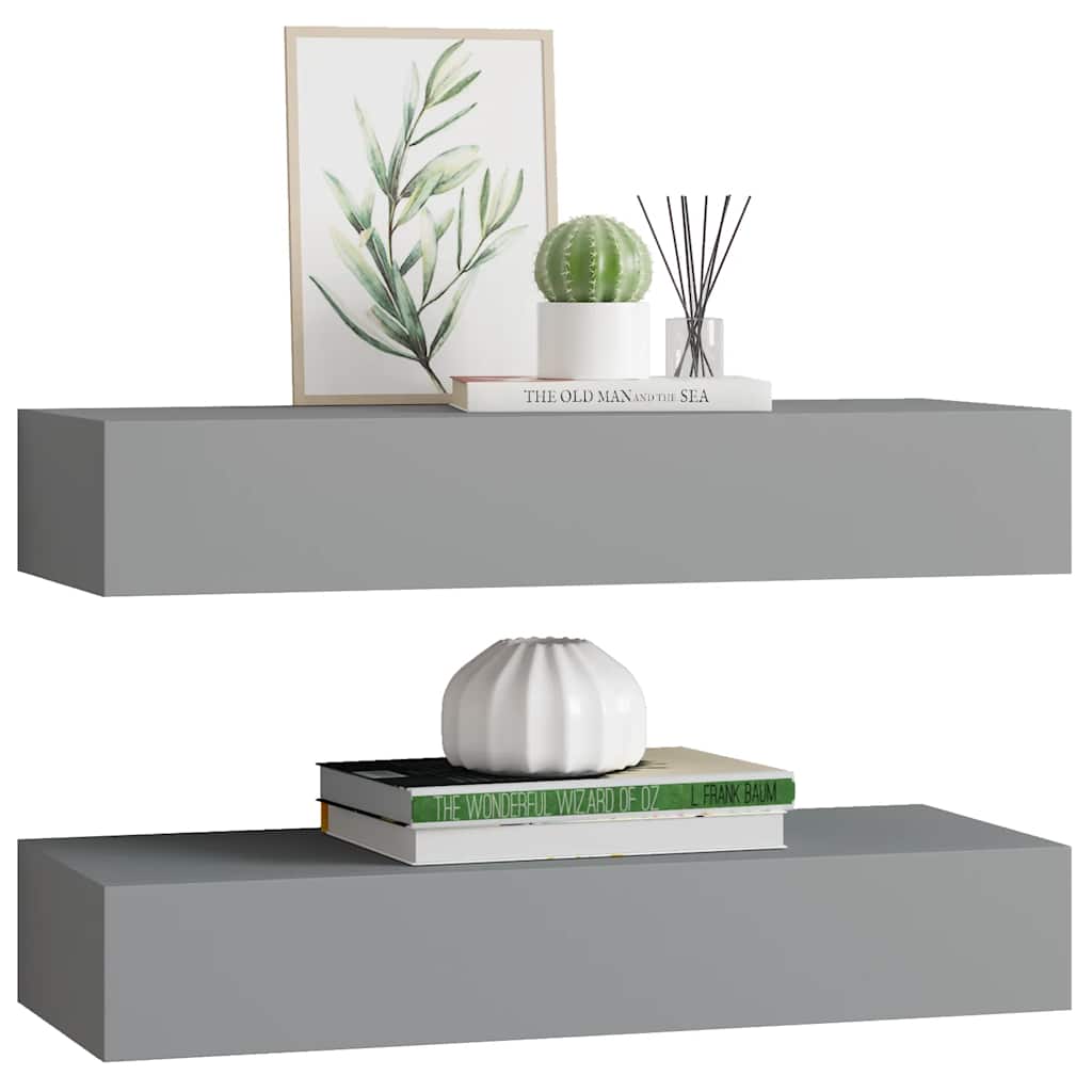 væghylder med skuffer 2 stk. 60x23,5x10 cm MDF grå