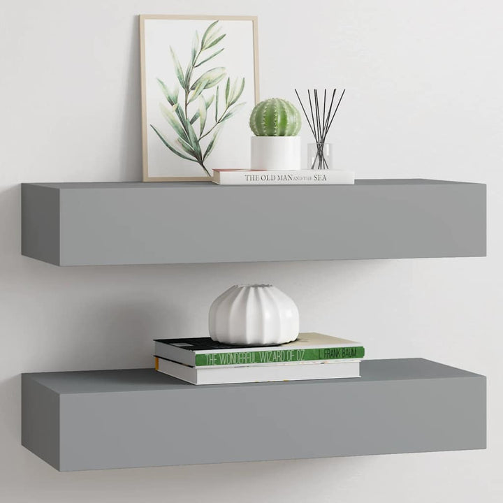 væghylder med skuffer 2 stk. 60x23,5x10 cm MDF grå