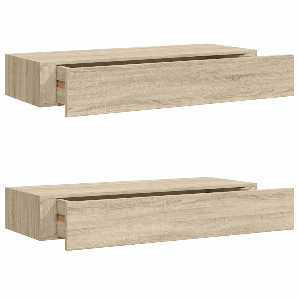 væghylder med skuffer 2 stk. 60x23,5x10 cm MDF egetræsfarvet