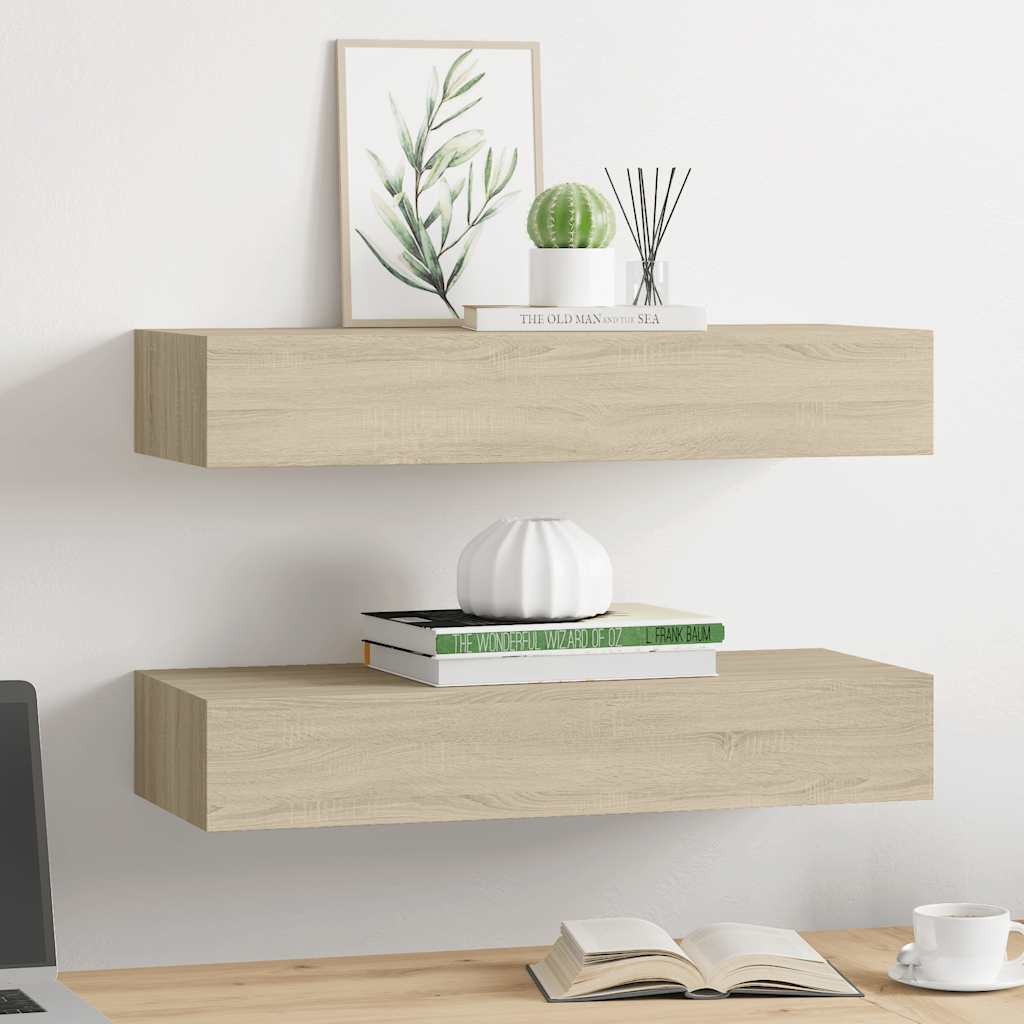 væghylder med skuffer 2 stk. 60x23,5x10 cm MDF egetræsfarvet