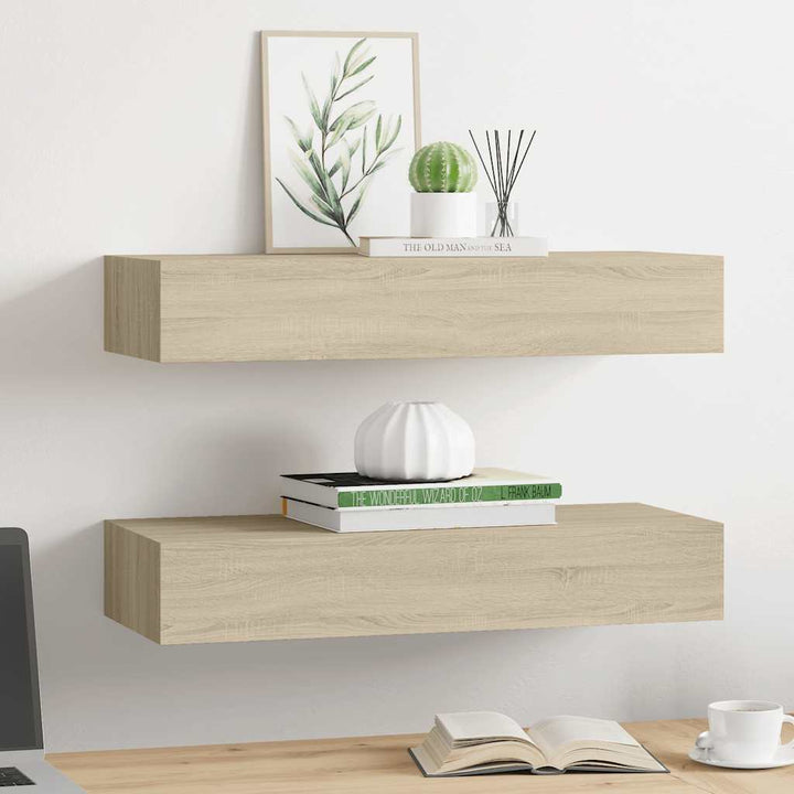 væghylder med skuffer 2 stk. 60x23,5x10 cm MDF egetræsfarvet